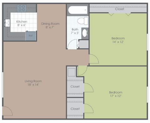 2 Bedroom 1 Bath floor plan image 820 sq ft